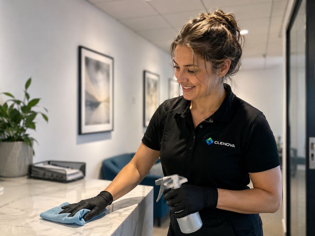 Uniformed Clenova commercial cleaner professionally cleaning  inside a bright modern London office