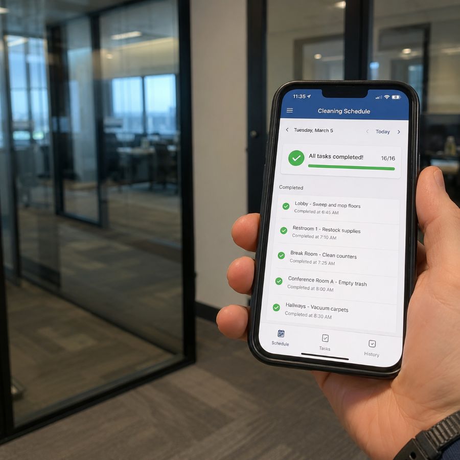 An illustrative photo of a cleaning app that shows tasks completed