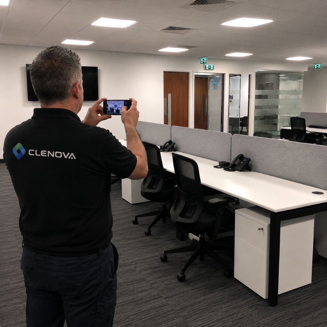 An illustrative photo of a cleaning manager performing a site survey to quote for a cleaning job