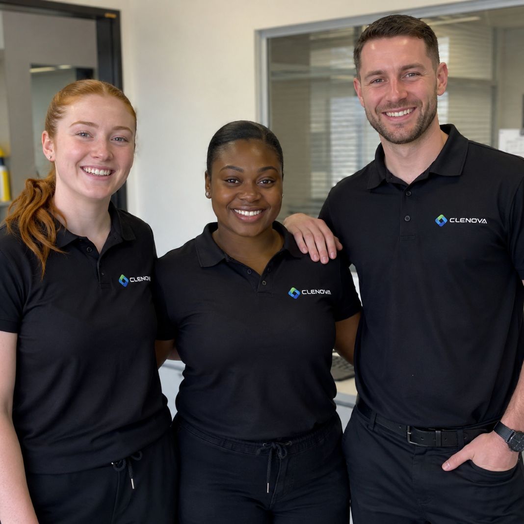 Clenova commercial cleaners working in a modern London office
