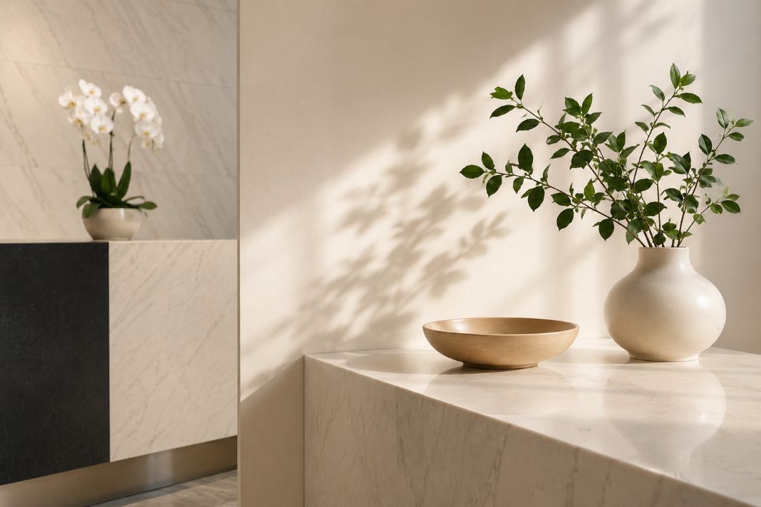 Decorative plant, ceramic bowl and immaculate marble surfaces in a professionally cleaned commercial reception area