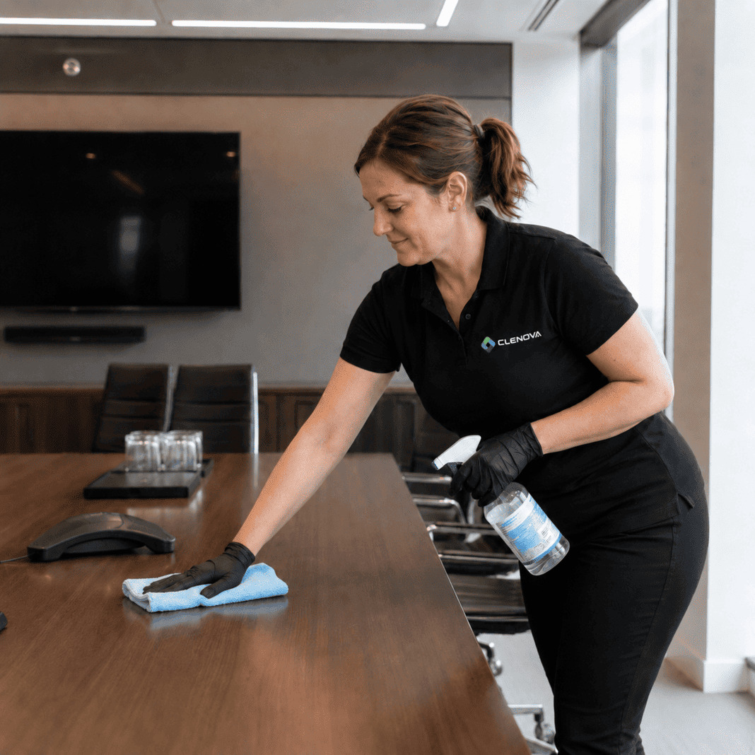 Banking and Finance Cleaning – Cleaning a corporate conference room – Illustrative Image