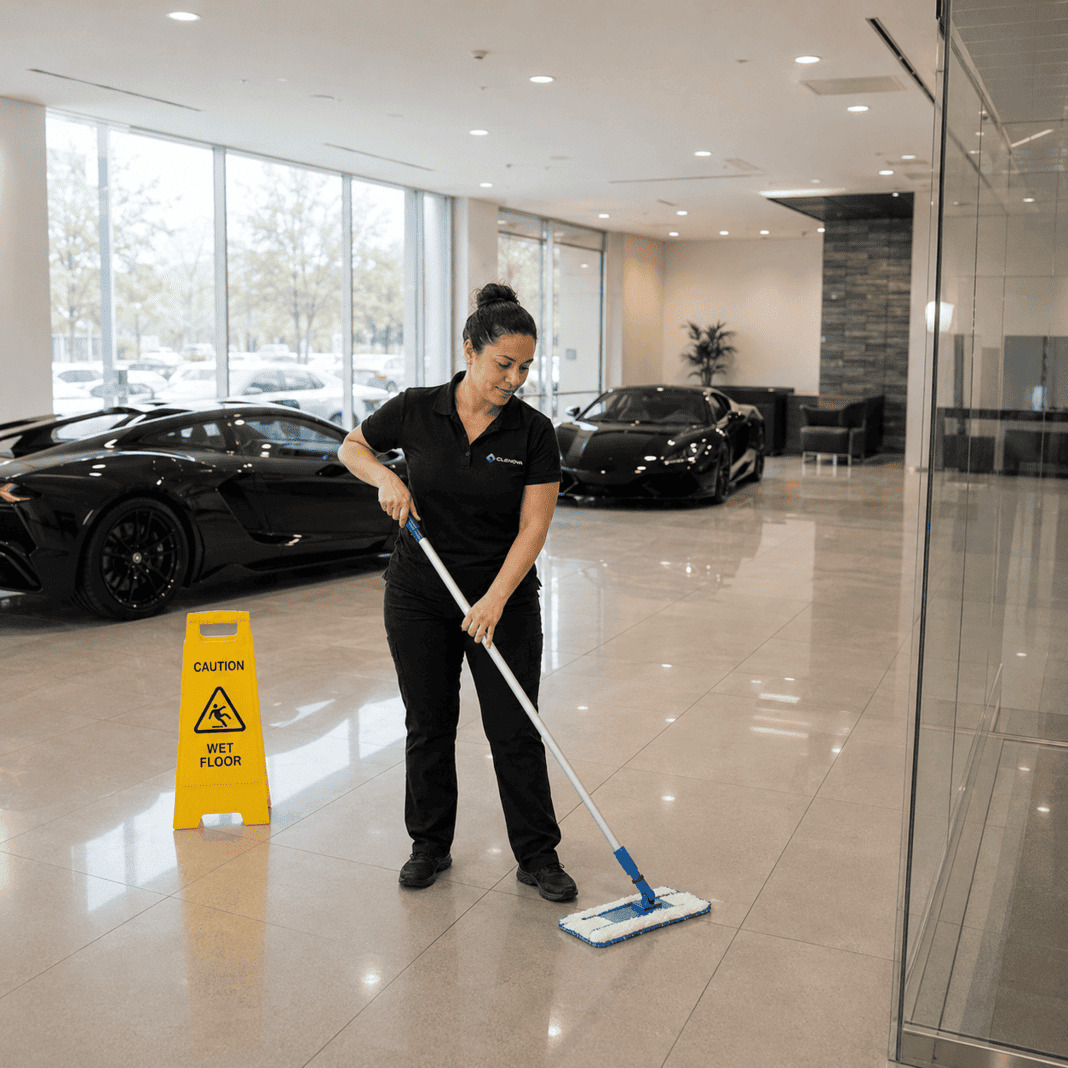 Car Dealership Showroom – cleaner at work – Illustrative Image