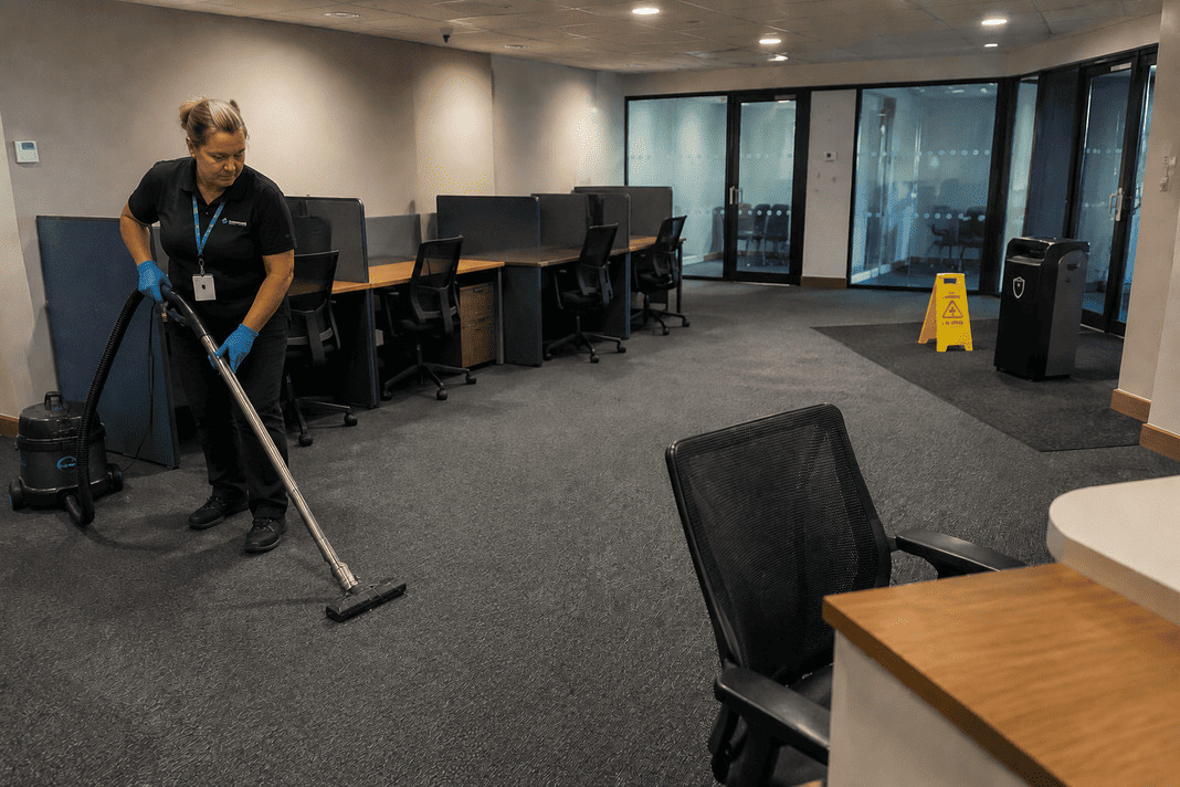 Commercial Cleaning – Cleaner hoovering around office desks and chairs – Sample Image