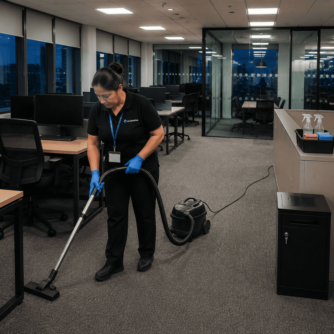 Cleaner hoovering in office workplace – Illustrative Image