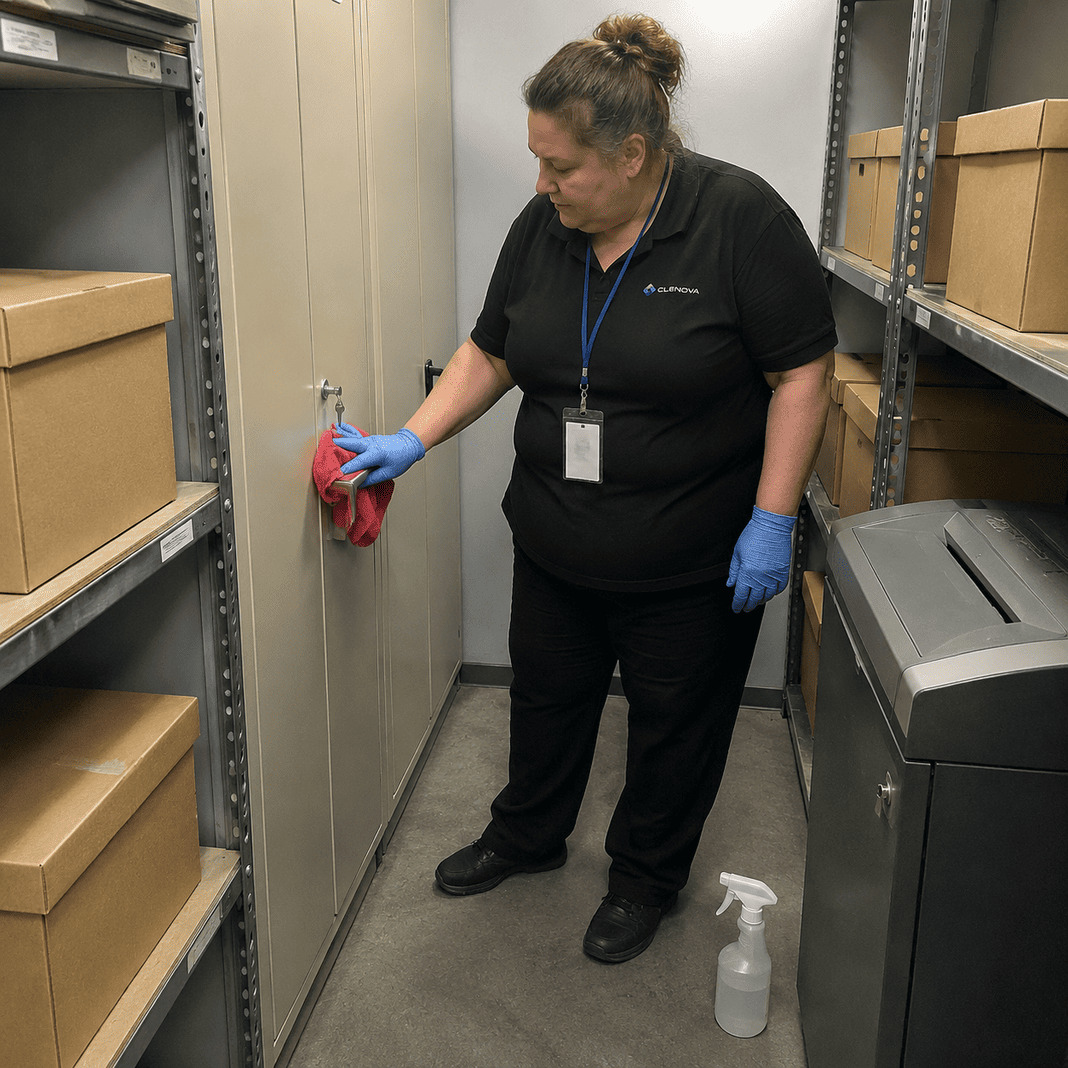 Commercial Cleaning – Cleaner wiping inside office storage room – Sample Image