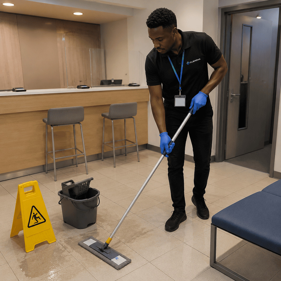 Cleaning office reception flooring - Illustrative Image