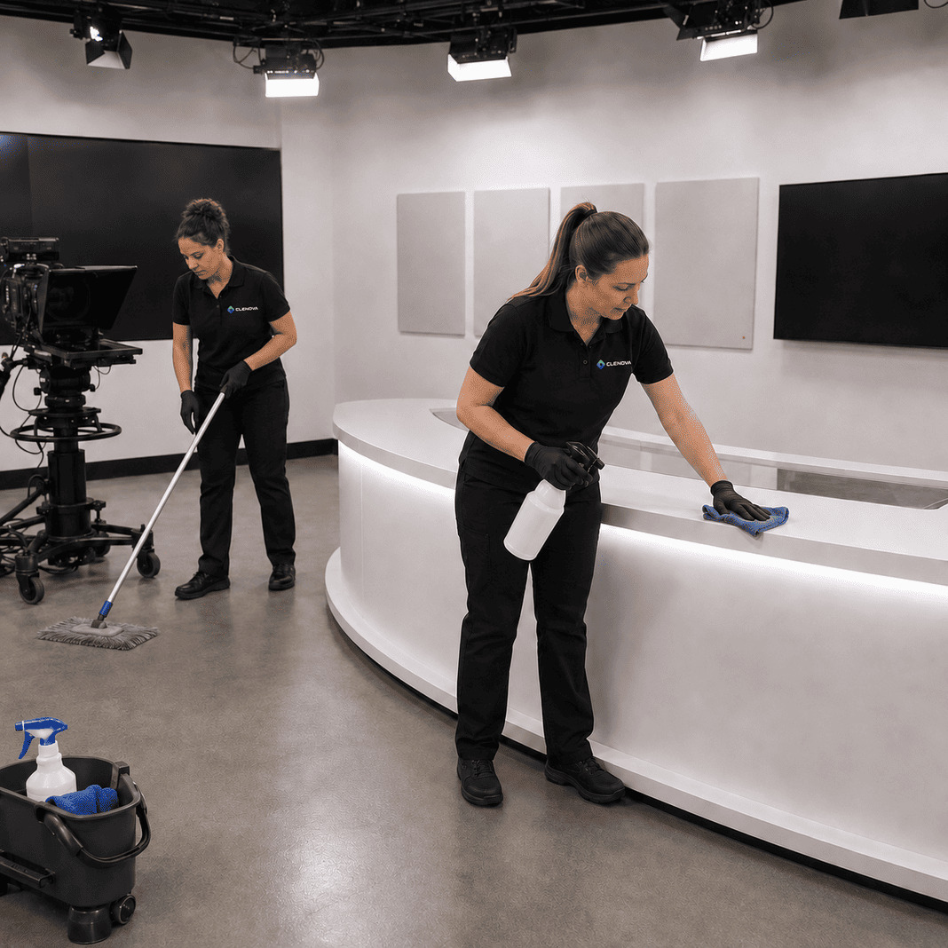 Modern broadcast studio being cleaned by staff – Illustrative Image