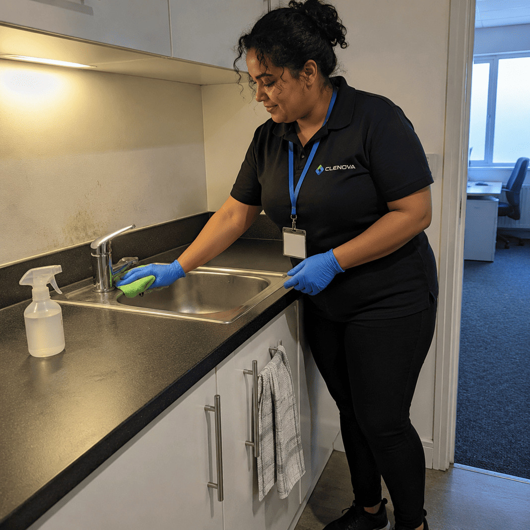 Commercial Cleaning – Scrubbing an office kitchen in the staff room – Sample Image