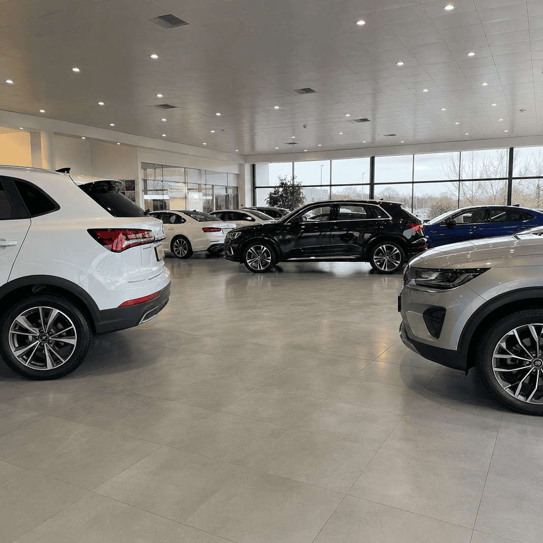 Spacious modern car dealership showroom post clean – Illustrative Image