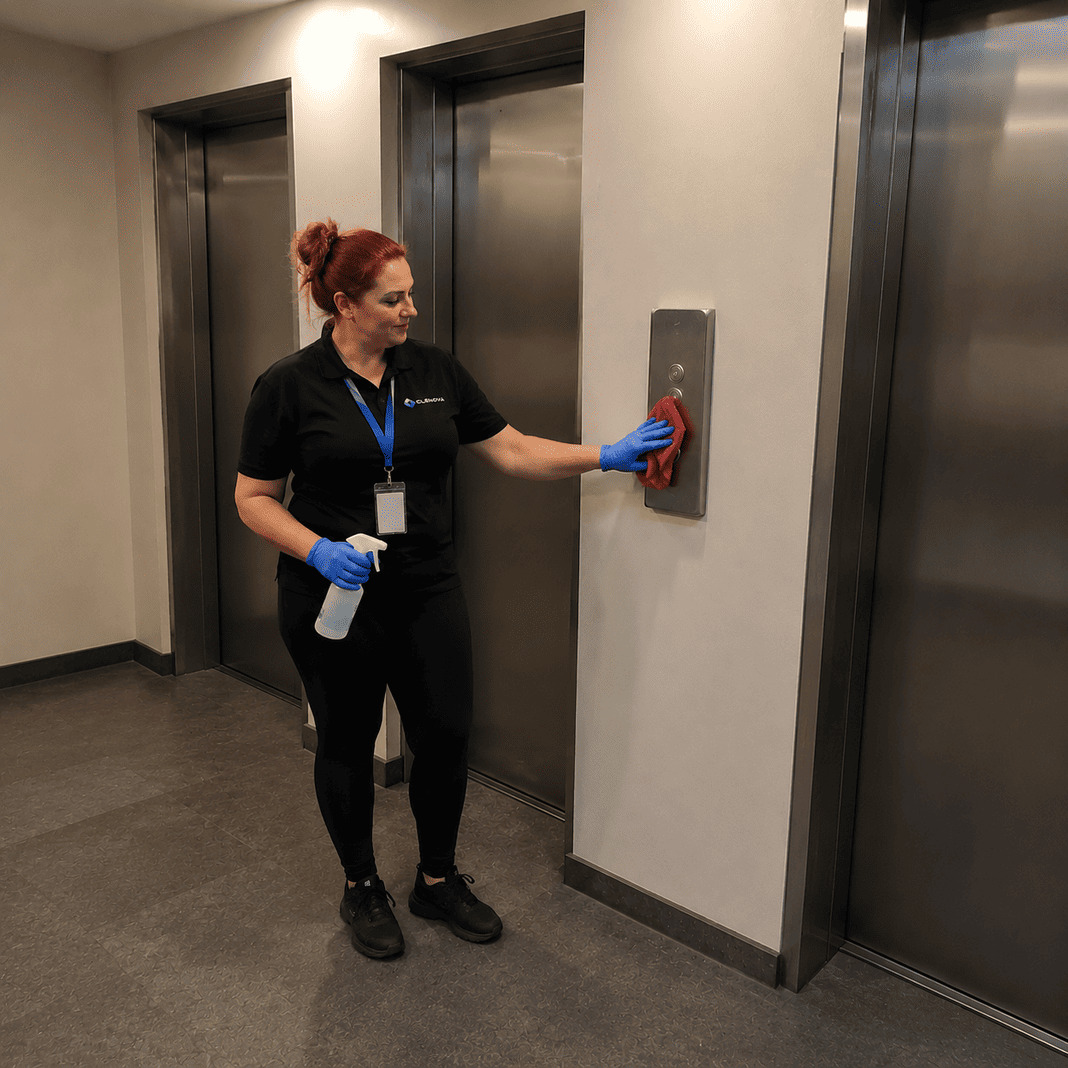 Cleaning an office lift - Illustrative Image