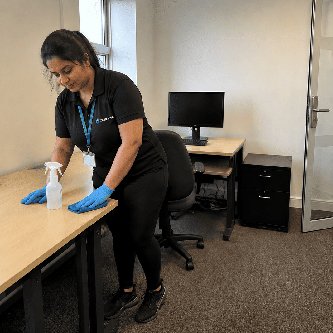 Using cleaning products on an office desk – Illustrative Image