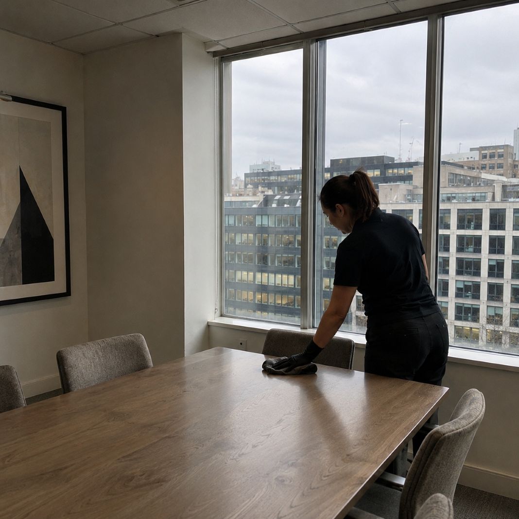 Uniformed Clenova cleaner preparing a bright modern London office meeting room during a scheduled daily commercial clean