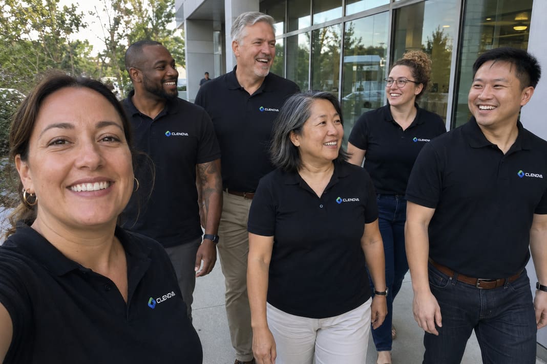 Clenova commercial cleaning team wearing black polo shirts smiling together outside office. – Illustrative Image