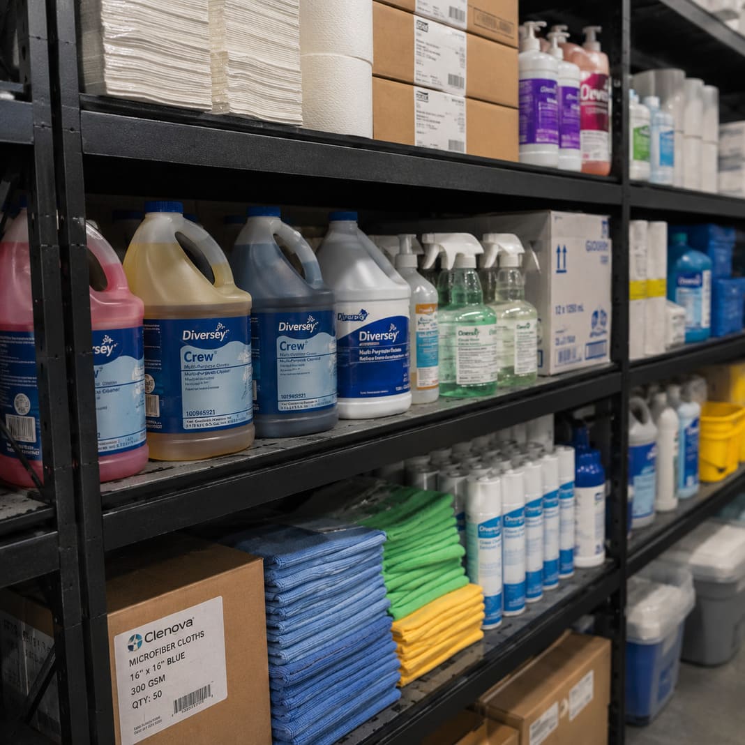 Janitorial Supplies in warehouse - Illustrative Image