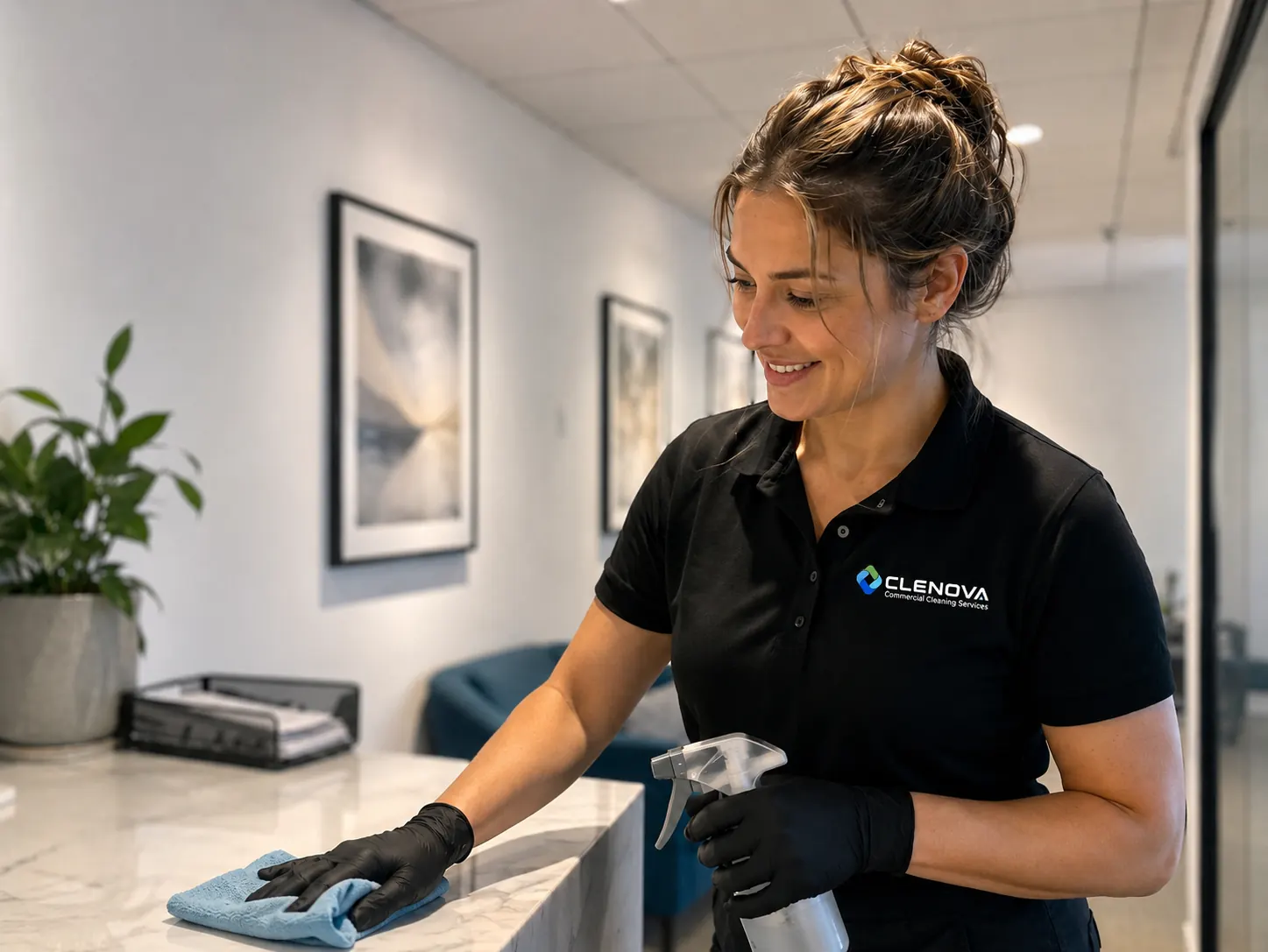 Uniformed Clenova commercial cleaner professionally cleaning  inside a bright modern London office