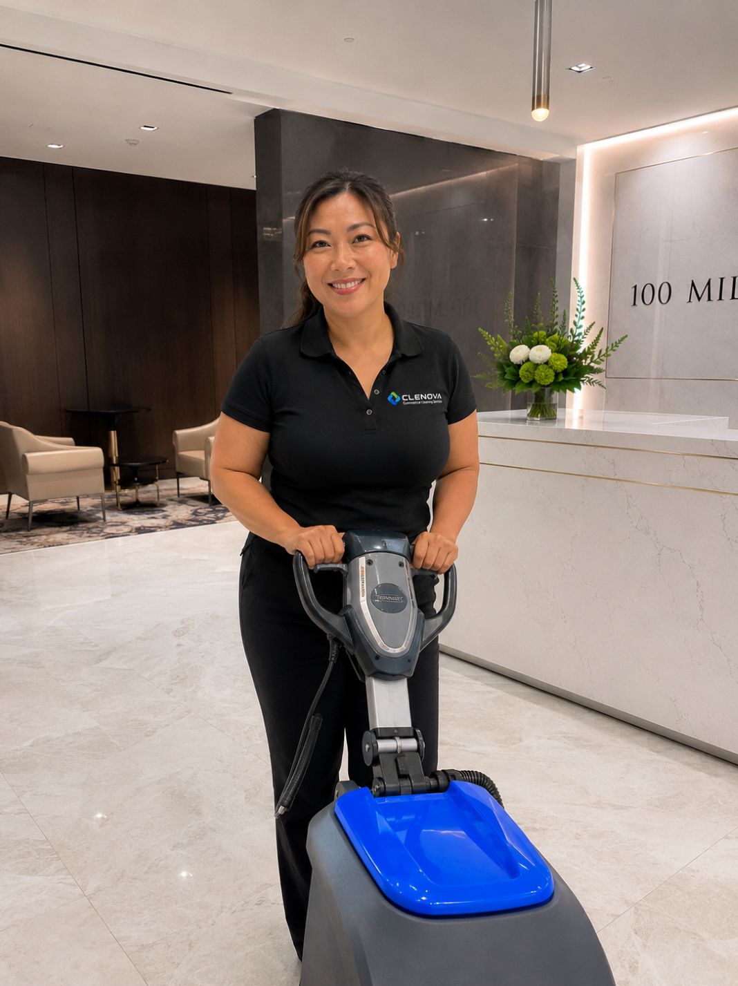 Clenova cleaner polishing a commercial office reception floor
