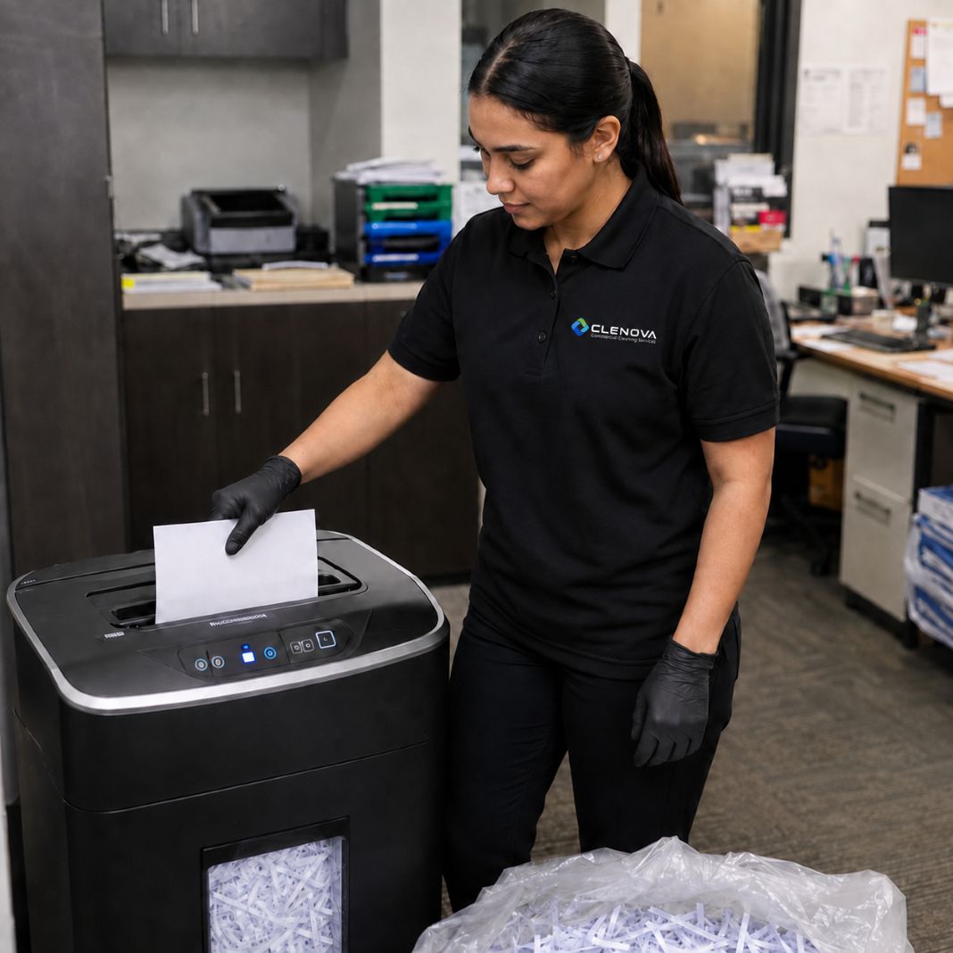 Woman shredding confidential documents for secure disposal