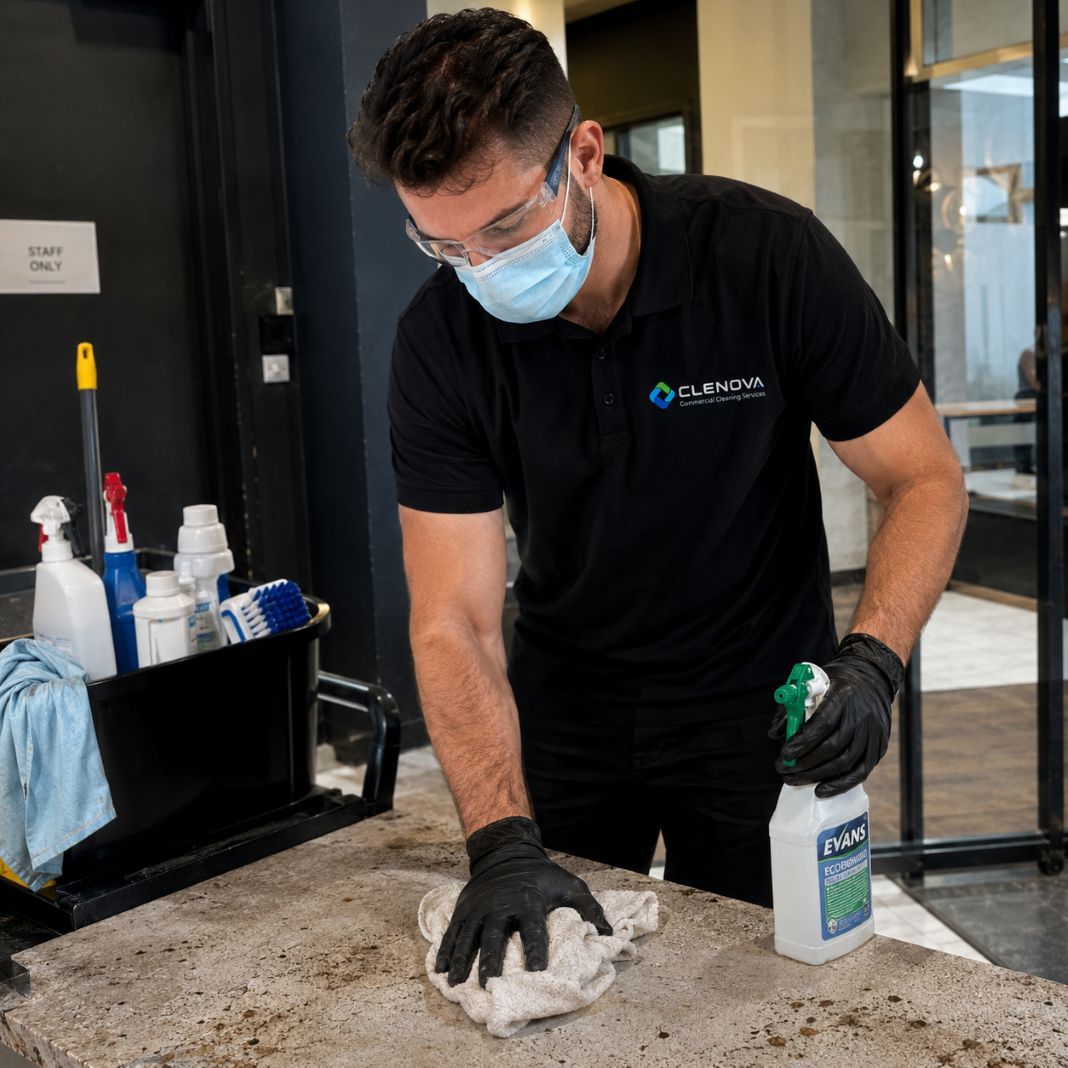 Specialist cleaner wearing PPE during a deep clean in London