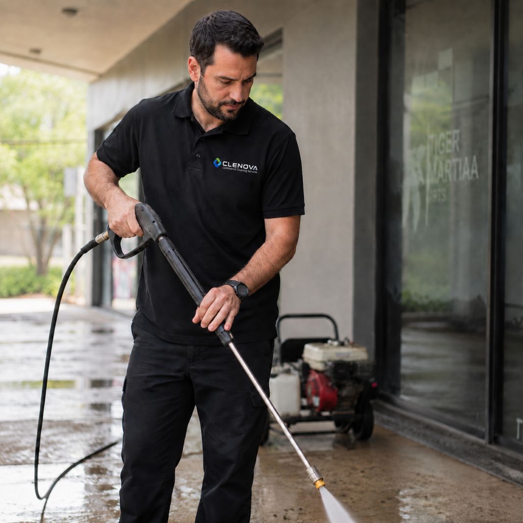 Pressure washing during specialist cleaning work at a commercial property