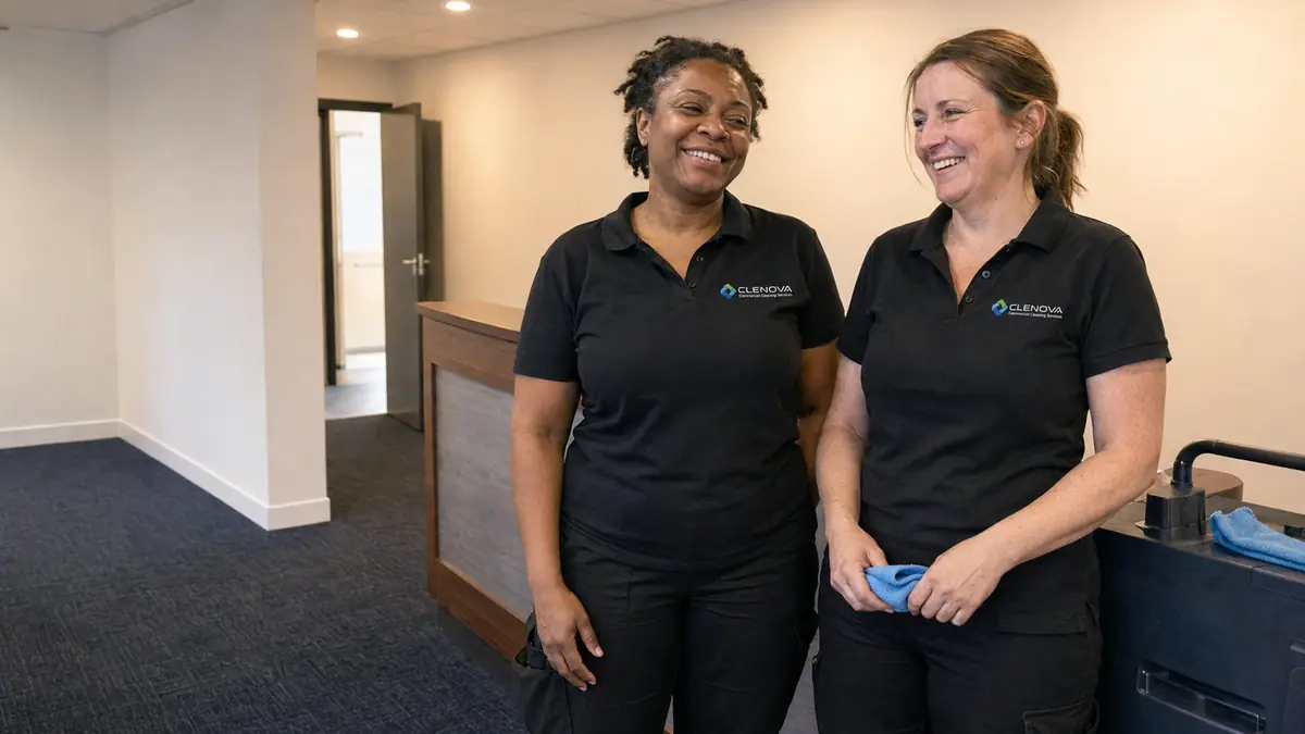 Two Clenova cleaners smiling together in a client's office reception