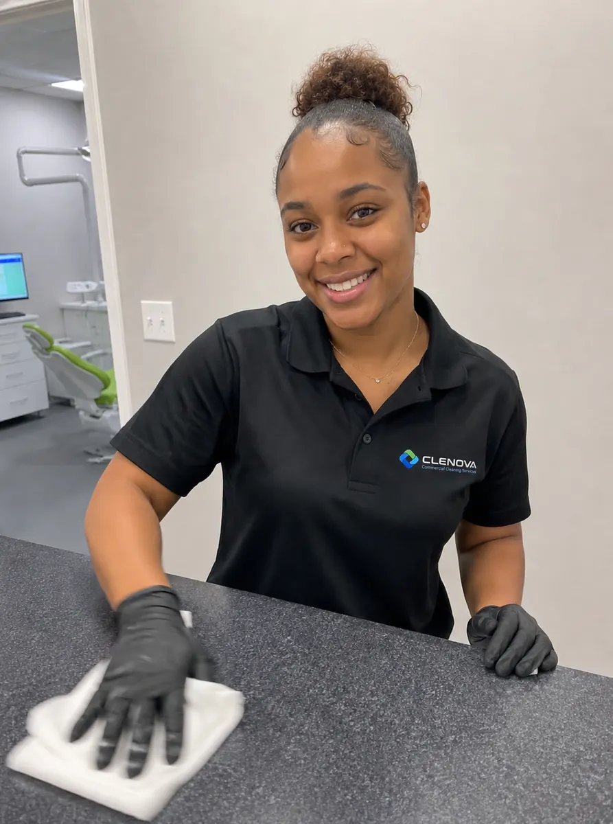 Clenova cleaning staff member smiling in a black polo shirt with logo.