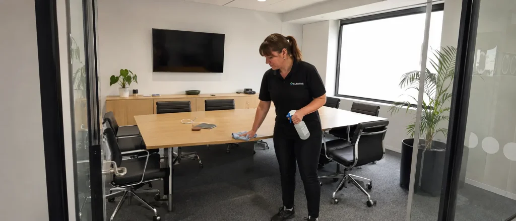 Office cleaner wiping conference room table