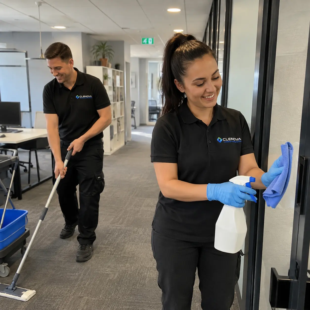 Two Clenova cleaners smiling together in a client's office reception