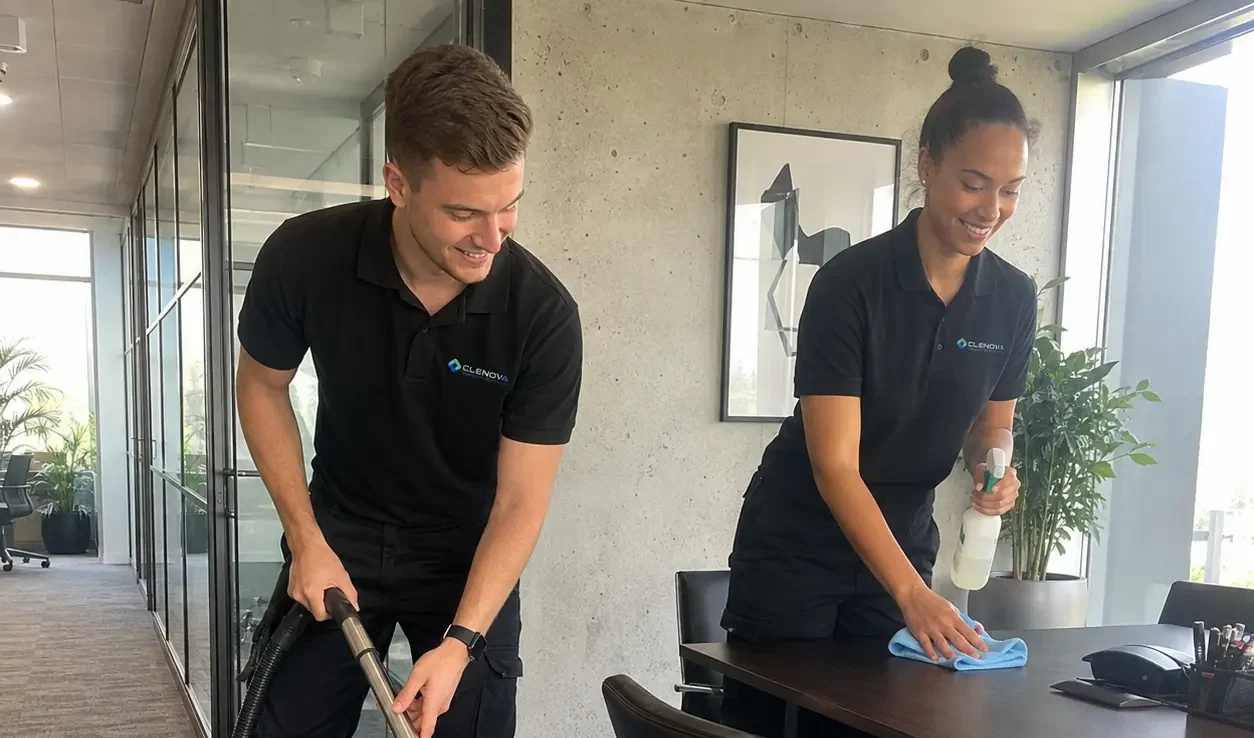 Two commercial cleaners cleaning office meeting room - Illustrative Image