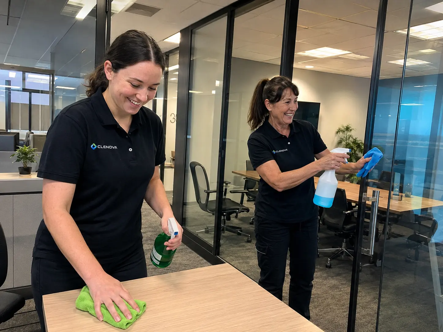 Two female office cleaners wiping desks and glass partitions - Illustrative Image